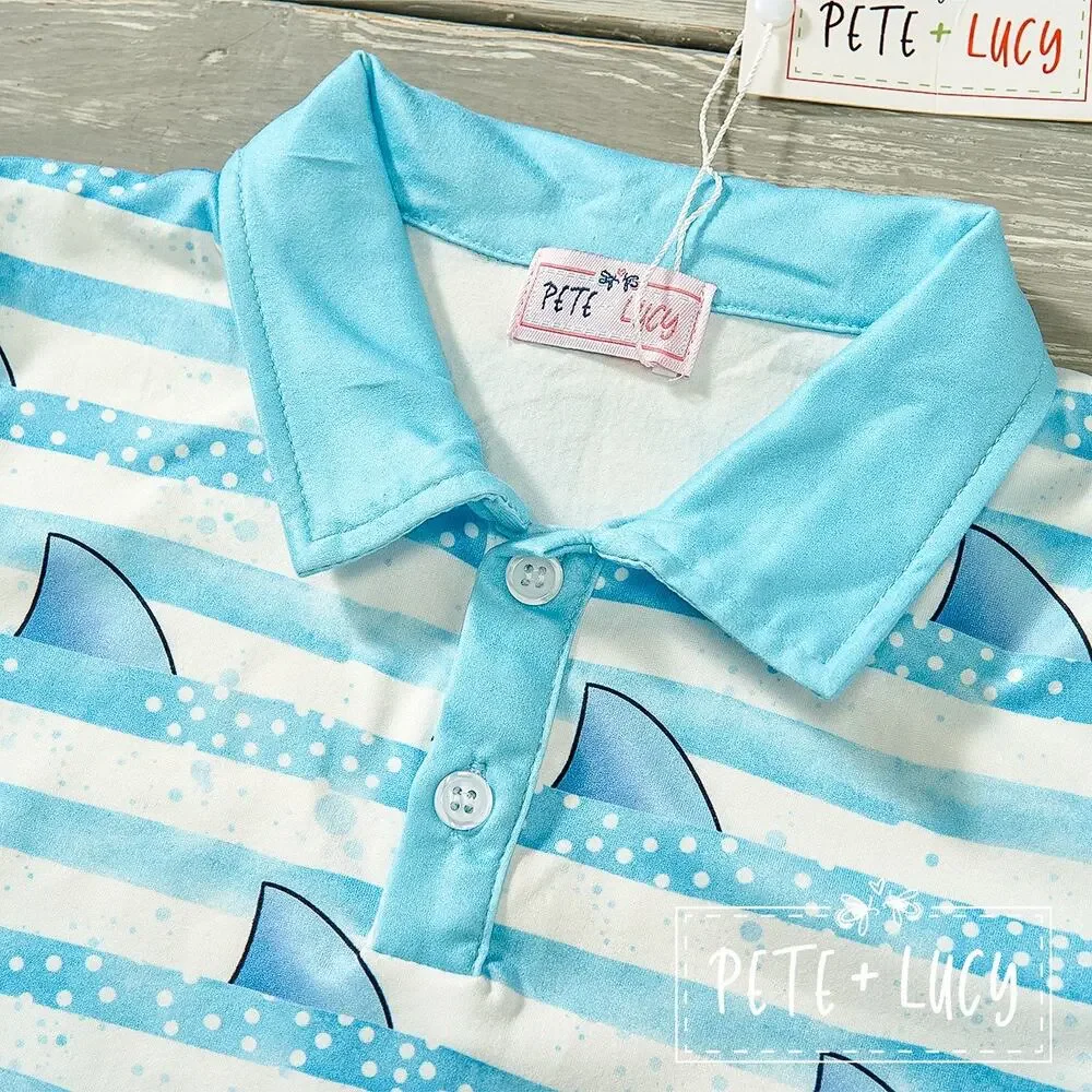 PETE + LUCY Blue Striped Sharp as a Shark Boys Polo Style Shirt NEW 0-6 months